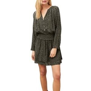 Rails Jasmine Cheetah NWT Smocked Mini Dress Olive V-Neck Rayon Sz M MSRP $228